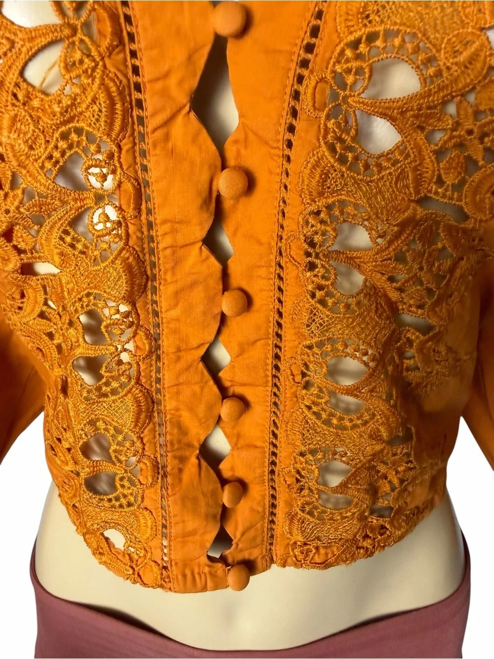 Free People Louella Embroidered Blouse Orange Puffed Sleeve NWT Size small